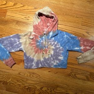 Katie J NYC cropped tie dye light weight hoodie with beaded strings beyond cute